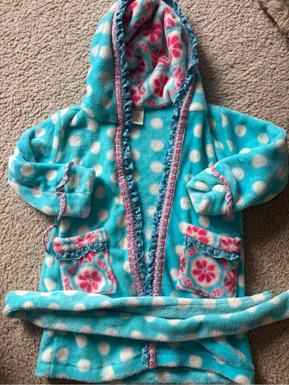 Matilda Jane Turquoise Polka Dot Hooded Robe with Pink Floral Trim